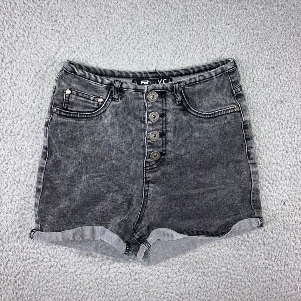 Acid Wash Denim Shorts Women XS‎ Black Button Fly Retro Festival Indie Edgy 90s